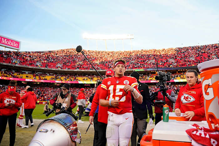 Jan 30, 2022; Kansas City, Missouri, USA; Kansas City Chiefs quarterback Patrick Mahomes (15) reacts after their loss to the Cincinnati Bengals in the AFC Championship Game against the Kansas City Chiefs at GEHA Field at Arrowhead Stadium. The Cincinnati Bengals won 27-24. Mandatory Credit: Jay Biggerstaff-USA TODAY Sports