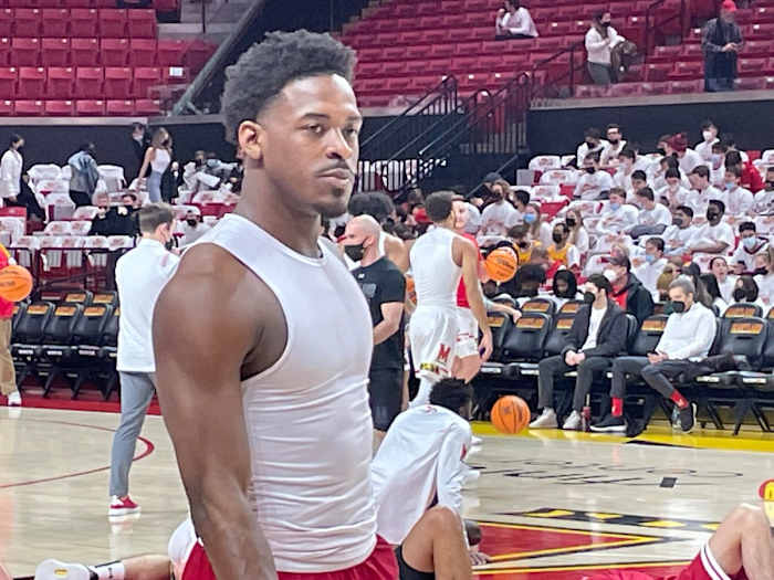 Xavier Johnson in pregame warmups at Maryland on Saturday.