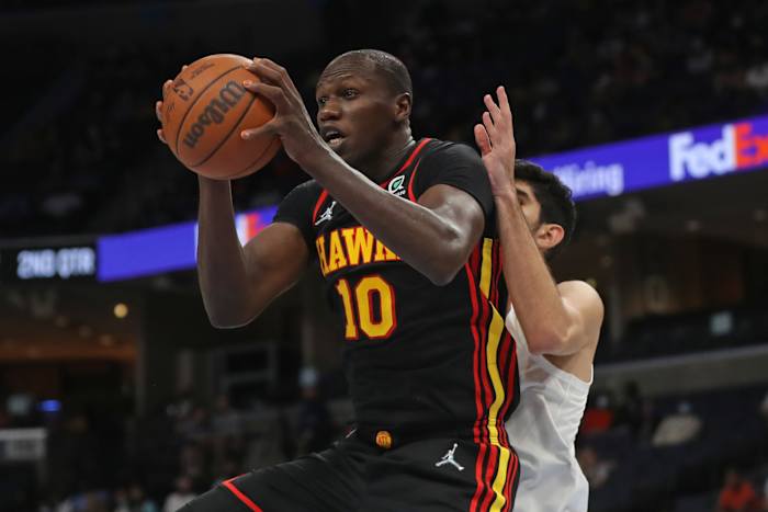 Oct 9, 2021; Memphis, Tennessee, USA; Atlanta Hawks center Gorgui Dieng (10) during the first half against the Memphis Grizzlies at FedExForum.