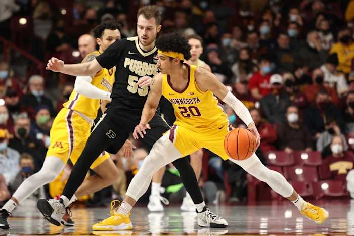 Minnesota guard Eylijah Stephens (20) dribbles the ball against Purdue guard Sasha Stefanovic (55) on Wednesday. (Matt Krohn?USA TODAY Sports)