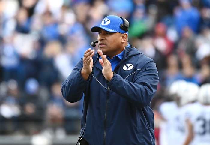 Oct 23, 2021; Pullman, Washington, USA; Brigham Young Cougars head coach Kalani Sitake in the first half at Gesa Field at Martin Stadium.