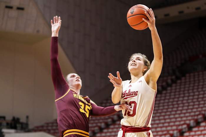 Aleksa Gulbe goes up for a shot at Simon Skjodt Assembly Hall in the Indiana versus Minnesota game.