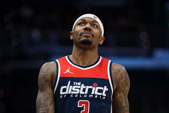 Jan 17, 2022; Washington, District of Columbia, USA; Washington Wizards guard Bradley Beal (3) looks on against the Philadelphia 76ers during the second half at Capital One Arena