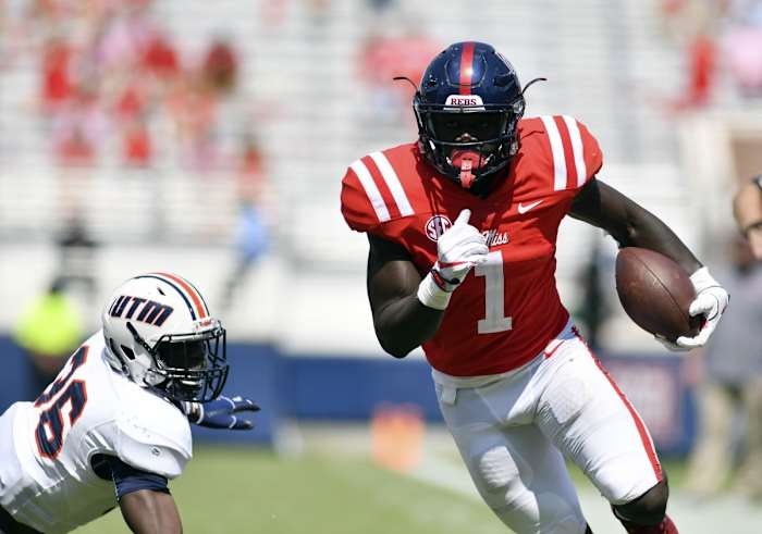 Mississippi Rebels wide receiver A.J. Brown (1) runs the ball during the third quarter against Tennessee Martin Skyhawks at Vaught-Hemingway Stadium.