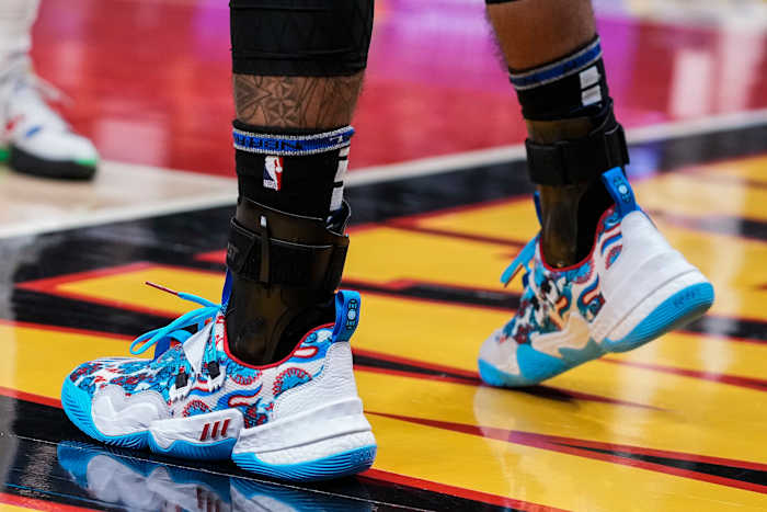 Feb 8, 2022; Atlanta, Georgia, USA; The shoes of Atlanta Hawks guard Trae Young (11) on the floor during the game against the Indiana Pacers during the second half at State Farm Arena.