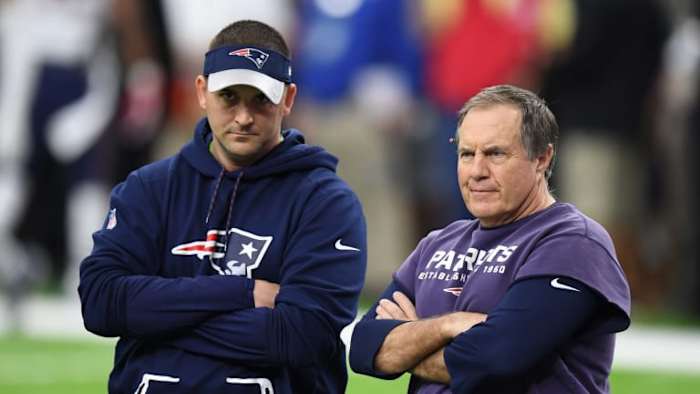 Patriots head coach Bill Belichick, offensive assistant Joe Judge