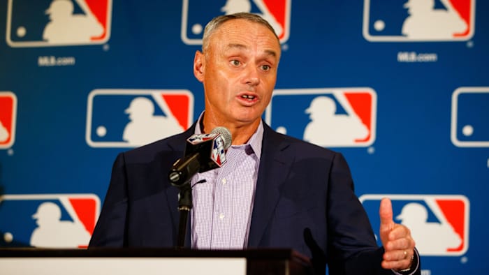 Feb 21, 2017; Phoenix, AZ, USA; Major League Baseball commissioner Rob Manfred speaks during Spring Training Media Day at The Arizona Biltmore. Mandatory Credit: Mark J. Rebilas-USA TODAY Sports