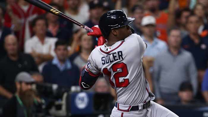 Nov 2, 2021; Houston, TX, USA; Atlanta Braves designated hitter Jorge Soler (12) hits a three-run home run against the Houston Astros during the third inning in game six of the 2021 World Series at Minute Maid Park. Mandatory Credit: Troy Taormina-USA TODAY Sports