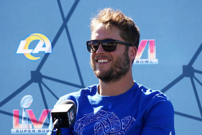 Feb 11, 2022; Thousand Oaks, CA, USA; Los Angeles Rams quarterback Matthew Stafford during press conference at Cal Lutheran University. Mandatory Credit: Kirby Lee-USA TODAY