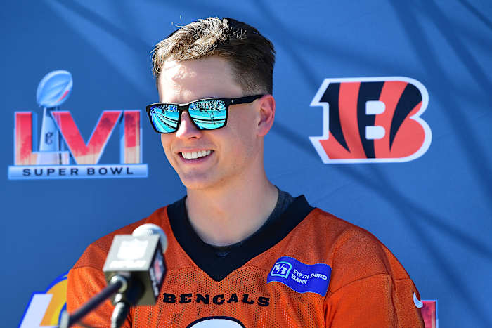 Feb 11, 2022; Los Angeles, CA, USA; Cincinnati Bengals quarterback Joe Burrow (9) speaks during media availabilty for Super Bowl LVI at Drake Stadium. Mandatory Credit: Gary A. Vasquez-USA TODAY Sports