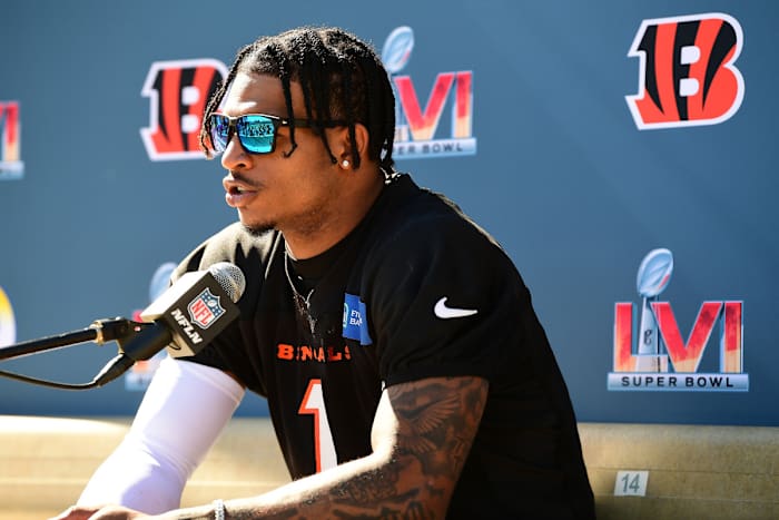 Feb 11, 2022; Los Angeles, CA, USA; Cincinnati Bengals wide receiver Ja'Marr Chase (1) speaks during media availabilty for Super Bowl LVI at Drake Stadium. Mandatory Credit: Gary A. Vasquez-USA TODAY Sports