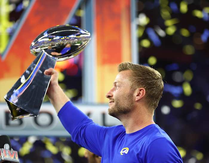 Feb 13, 2022; Inglewood, CA, USA; Los Angeles Rams head coach Sean McVay hoists the Lombardi Trophy after defeating the Cincinnati Bengals in Super Bowl LVI at SoFi Stadium. Mandatory Credit: Mark J. Rebilas-USA TODAY Sports