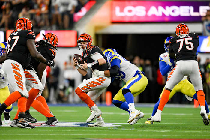 Joe Burrow taken down by the Rams' Aaron Donald at Super Bowl LVI.