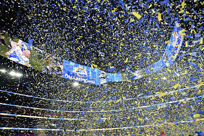 Yellow-and-blue confetti raining down after L.A. Rams win Super Bowl LVI