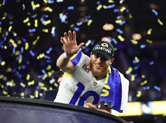 Los Angeles Rams wide receiver Cooper Kupp (10) celebrates after defeating the Cincinnati Bengals in Super Bowl LVI at SoFi Stadium Feb. 13, 2022.