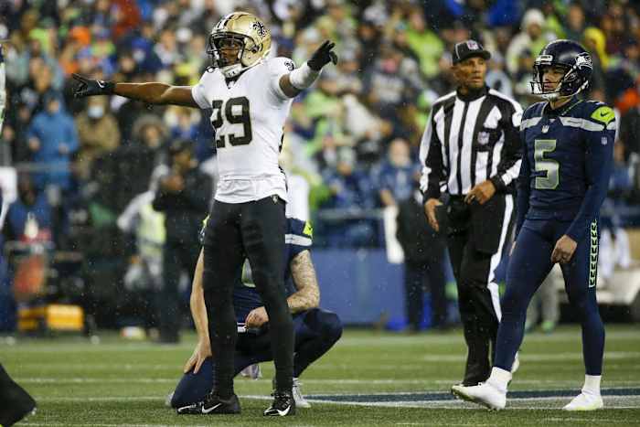 New Orleans Saints cornerback Paulson Adebo (29) after a missed field goal by Seahawks kicker Jason Myers (5). Mandatory Credit: Joe Nicholson-USA TODAY