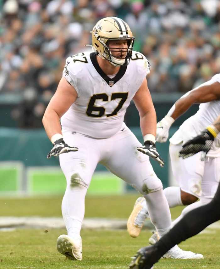 New Orleans Saints offensive tackle Landon Young (67) prepares to block against the Philadelphia Eagles. Mandatory Credit: Eric Hartline-USA TODAY Sports