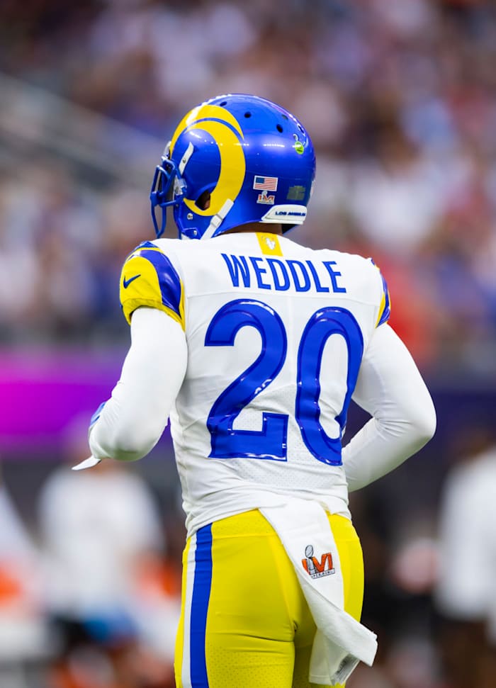 Feb 13, 2022; Inglewood, CA, USA; Detailed view of the jersey of Los Angeles Rams safety Eric Weddle (20) against the Cincinnati Bengals in Super Bowl LVI at SoFi Stadium. Mandatory Credit: Mark J. Rebilas-USA TODAY Sports