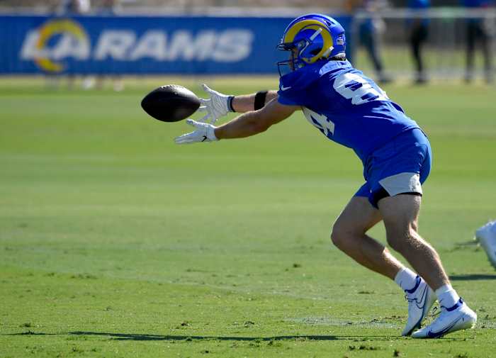 Jul 29, 2021; Irvine, CA, USA; Los Angeles Rams wide receiver Landen Akers (84) reaches for a pass during training camp at University of California, Irvine. Mandatory Credit: John McCoy-USA TODAY Sports