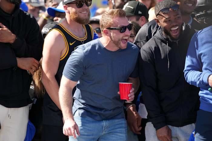 Feb 16, 2022; Los Angeles, CA, USA; Los Angeles Rams coach Sean McVay during the Super Bowl LVI championship rally at the Los Angeles Memorial Coliseum. Mandatory Credit: Kirby Lee-USA TODAY Sports
