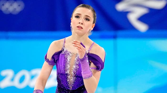 Kamila Valieva (ROC) in the women s figure skating short program during the Beijing 2022 Olympic Winter Games at Capital Indoor Stadium.