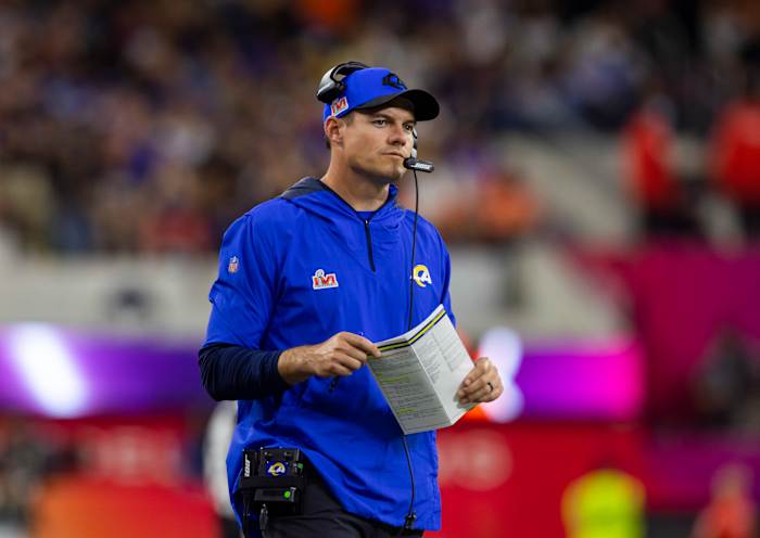 Feb 13, 2022; Inglewood, CA, USA; Los Angeles Rams offensive coordinator Kevin O'Connell against the Cincinnati Bengals during Super Bowl LVI at SoFi Stadium. Mandatory Credit: Mark J. Rebilas-USA TODAY Sports