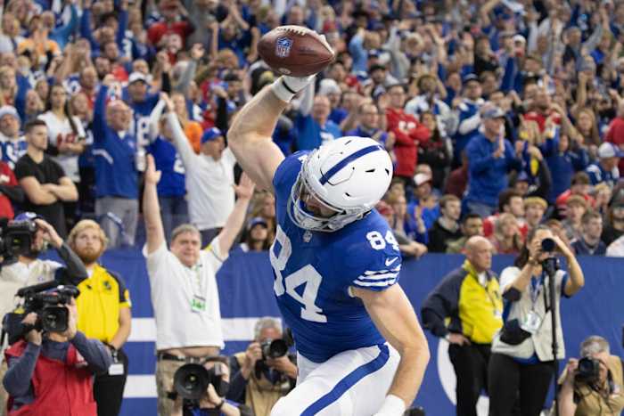 Nov 28, 2021; Indianapolis, Indiana, USA; Indianapolis Colts tight end Jack Doyle (84) celebrates his touchdown in the first half against the Tampa Bay Buccaneers at Lucas Oil Stadium. Mandatory Credit: Trevor Ruszkowski-USA TODAY Sports
