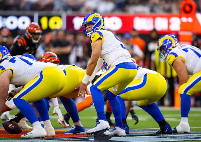 Feb 13, 2022; Inglewood, CA, USA; Los Angeles Rams quarterback Matthew Stafford (9) against the Cincinnati Bengals in Super Bowl LVI at SoFi Stadium. Mandatory Credit: Mark J. Rebilas-USA TODAY Sports