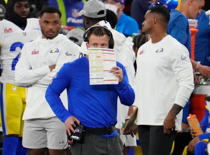 Feb 13, 2022; Inglewood, CA, USA; Los Angeles Rams head coach Sean McVay calls a play against the Cincinnati Bengals in the fourth quarter of Super Bowl LVI at SoFi Stadium. Mandatory Credit: Robert Hanashiro-USA TODAY Sports