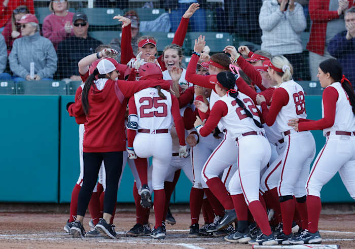 Celebration after Jordan Stephen's walk-off home run against Middle Tennessee