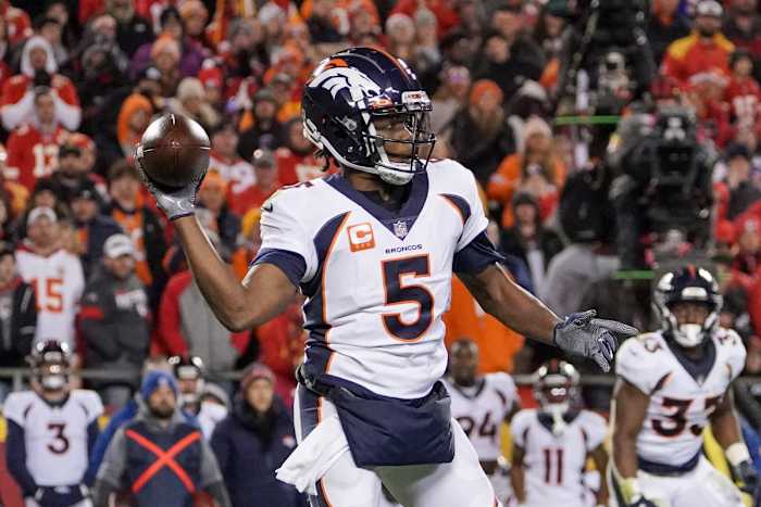 Dec 5, 2021; Kansas City, Missouri, USA; Denver Broncos quarterback Teddy Bridgewater (5) throws a pass against the Kansas City Chiefs during the second half at GEHA Field at Arrowhead Stadium. Mandatory Credit: Denny Medley-USA TODAY Sports