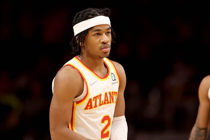 Nov 14, 2021; Atlanta, Georgia, USA; Atlanta Hawks guard Sharife Cooper (2) is shown during the second half of their game against the Milwaukee Bucks at State Farm Arena.