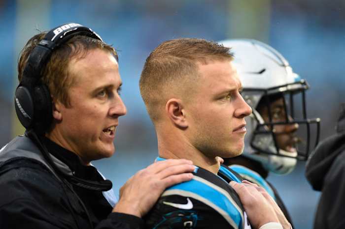 Dec 29, 2019; Charlotte, North Carolina, USA; Carolina Panthers running back Christian McCaffrey (22) with running backs coach Jake Peetz on the sidelines in the fourth quarter at Bank of America Stadium. Mandatory Credit: Bob Donnan-USA TODAY Sports