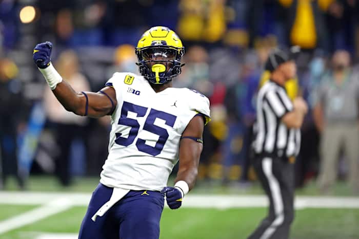 Michigan edge rusher David Ojabo celebrates a tackle
