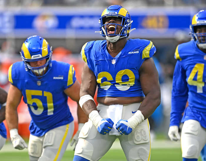 Oct 24, 2021; Inglewood, California, USA; Los Angeles Rams defensive tackle Sebastian Joseph-Day (69) reacts after a tackle in the first half of the game against the Detroit Lions at SoFi Stadium. Mandatory Credit: Jayne Kamin-Oncea-USA TODAY Sports