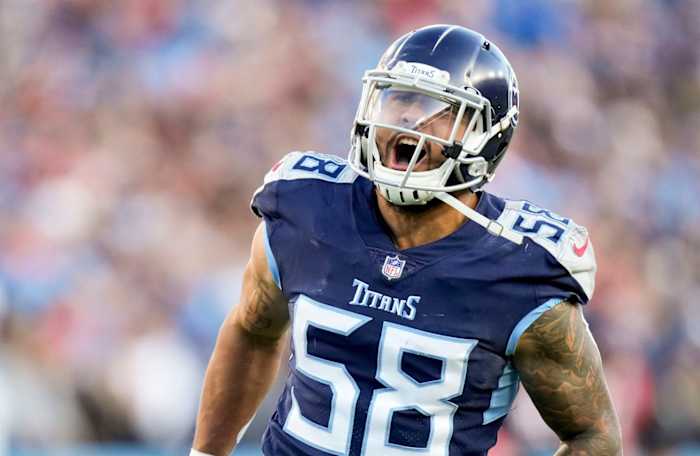 Tennessee Titans linebacker Harold Landry III (58) celebrates a sack during the first quarter of an AFC divisional playoff game at Nissan Stadium Saturday, Jan. 22, 2022 in Nashville, Tenn.