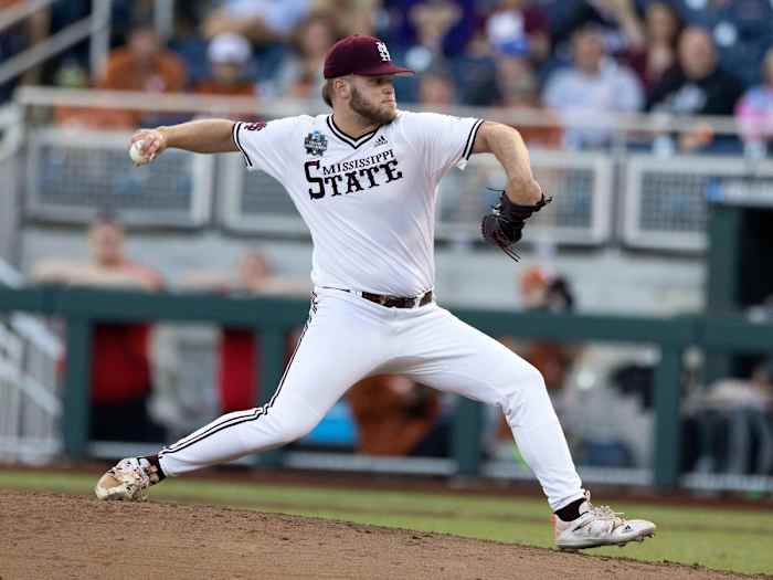 Mississippi State pitcher Landon Sims throws against Texas in the sixth inning during a baseball game in the College World Series Saturday, June 26, 2021, at TD Ameritrade Park in Omaha, Neb. The college baseball season opens Friday, Feb. 18, 2022.
