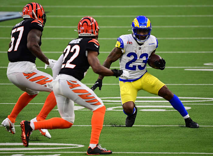 Feb 13, 2022; Inglewood, California, USA; Los Angeles Rams running back Cam Akers (23) runs with the ball against the Cincinnati Bengals in Super Bowl LVI at SoFi Stadium. Mandatory Credit: Gary A. Vasquez-USA TODAY Sports