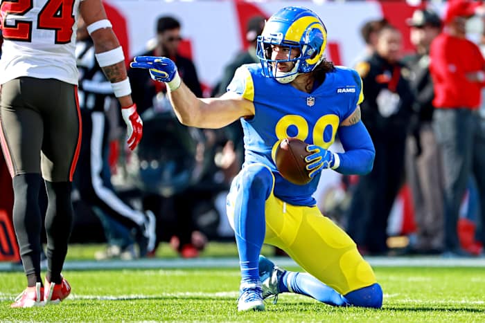 Jan 23, 2022; Tampa, Florida, USA; Los Angeles Rams tight end Tyler Higbee (89) reacts after a catch during the first quarter against the Tampa Bay Buccaneers in a NFC Divisional playoff football game at Raymond James Stadium. Mandatory Credit: Matt Pendleton-USA TODAY Sports