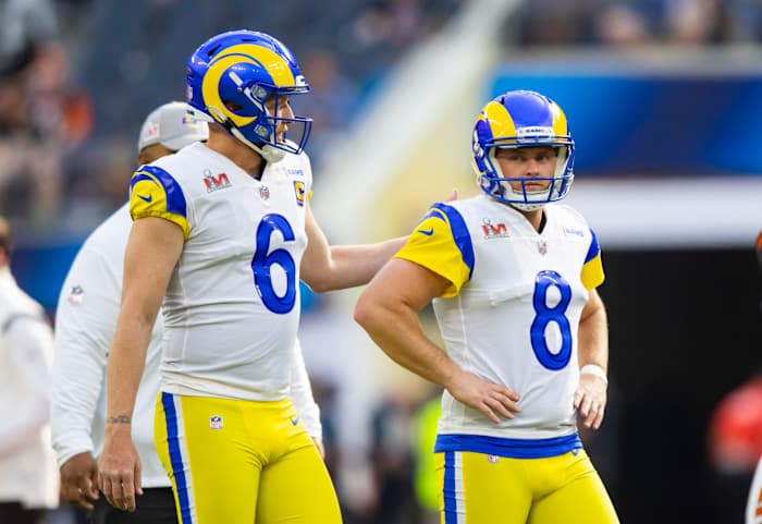 Feb 13, 2022; Inglewood, CA, USA; Los Angeles Rams punter Johnny Hekker (6) and kicker Matt Gay (8) against the Cincinnati Bengals during Super Bowl LVI at SoFi Stadium. Mandatory Credit: Mark J. Rebilas-USA TODAY Sports