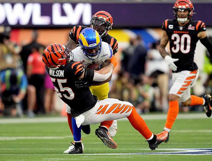 Cincinnati Bengals inside linebacker Logan Wilson (55) takes down Los Angeles Rams running back Cam Akers during the 1st half of the Super Bowl 56, Sunday, Feb. 13, 2022, at SoFi Stadium in Inglewood, Calif. NFL Super Bowl 56 Los Angeles Rams Vs Cincinnati Bengals Feb 13 2022