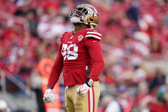 San Francisco 49ers defensive end Arden Key celebrates sack