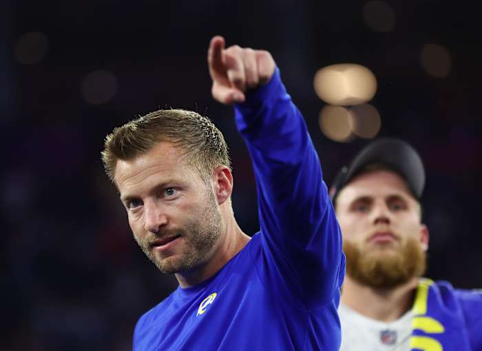 Feb 13, 2022; Inglewood, CA, USA; Los Angeles Rams head coach Sean McVay celebrates after defeating the Cincinnati Bengals in Super Bowl LVI at SoFi Stadium. Mandatory Credit: Mark J. Rebilas-USA TODAY Sports