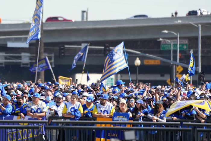 Feb 16, 2022; Los Angeles, CA, USA; Los Angeles Rams fans react during Super Bowl LVI championship rally at the Los Angeles Memorial Coliseum. Mandatory Credit: Kirby Lee-USA TODAY Sports