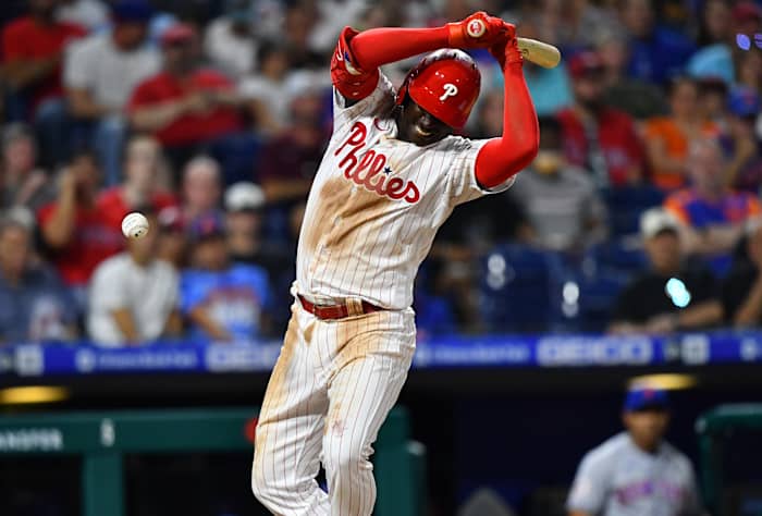 Didi Gregorius is hit by a pitch in August against the New York Mets.