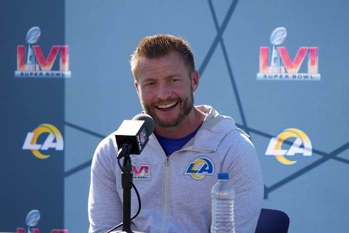 Feb 11, 2022; Thousand Oaks, CA, USA; Los Angeles Rams coach Sean McVay during press conference at Cal Lutheran University. Mandatory Credit: Kirby Lee-USA TODAY Sports