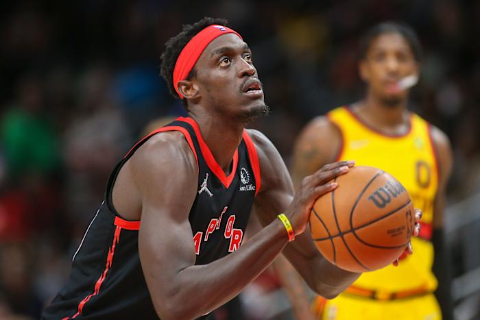 Feb 26, 2022; Atlanta, Georgia, USA; Toronto Raptors forward Pascal Siakam (43) shoots a free throw against the Atlanta Hawks in the second quarter at State Farm Arena.