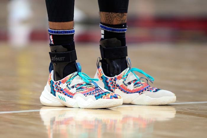 Feb 26, 2022; Atlanta, Georgia, USA; Detailed view of the shoes of Atlanta Hawks guard Trae Young (11) against the Toronto Raptors in the second quarter at State Farm Arena.