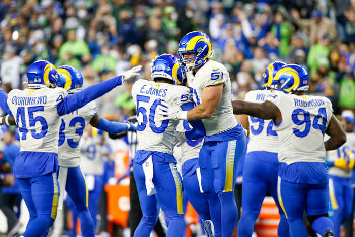 Oct 7, 2021; Seattle, Washington, USA; Los Angeles Rams linebacker Troy Reeder (51) and linebacker Ernest Jones (50) celebrate following a missed field goal by the Seattle Seahawks during the second quarter at Lumen Field. Mandatory Credit: Joe Nicholson-USA TODAY Sports
