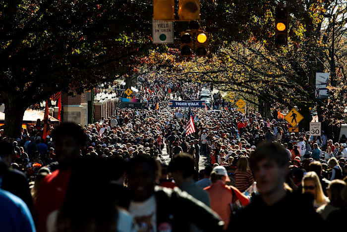Fans gather at tiger walk before Auburn Tigers take on Alabama Crimson Tide at Jordan-Hare Stadium in Auburn, Ala., on Saturday, Nov. 27, 2021.